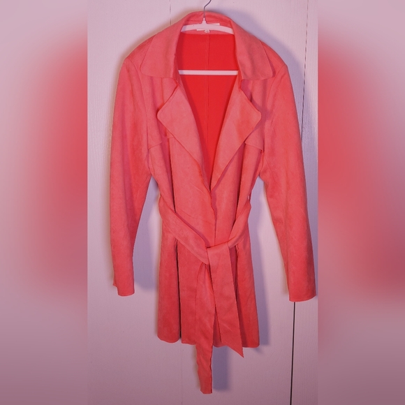 Solitaire Faux Suede Belted Trench Coat Size Large Waterfall Lapel Jacket Duster - Picture 7 of 16
